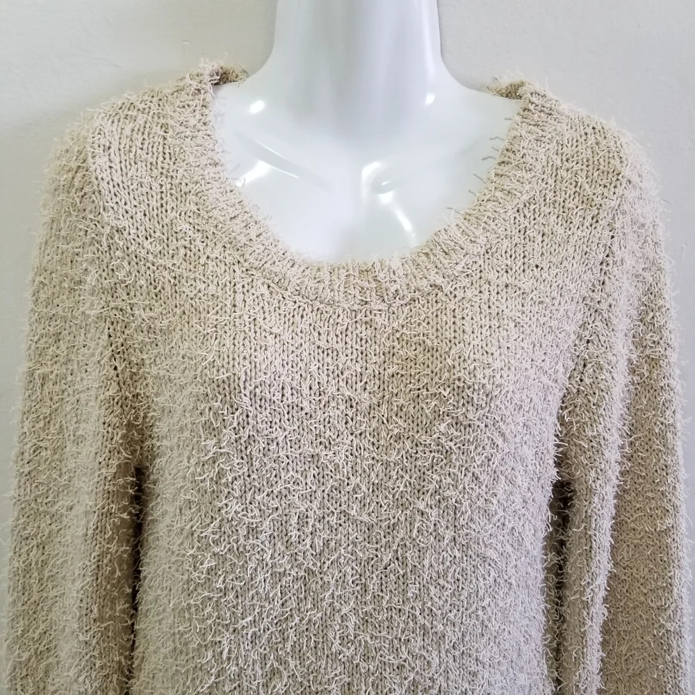 Alexis Womens Sweater Cropped Beige Cream Textured Tab Hue Side Slit Scoop M
